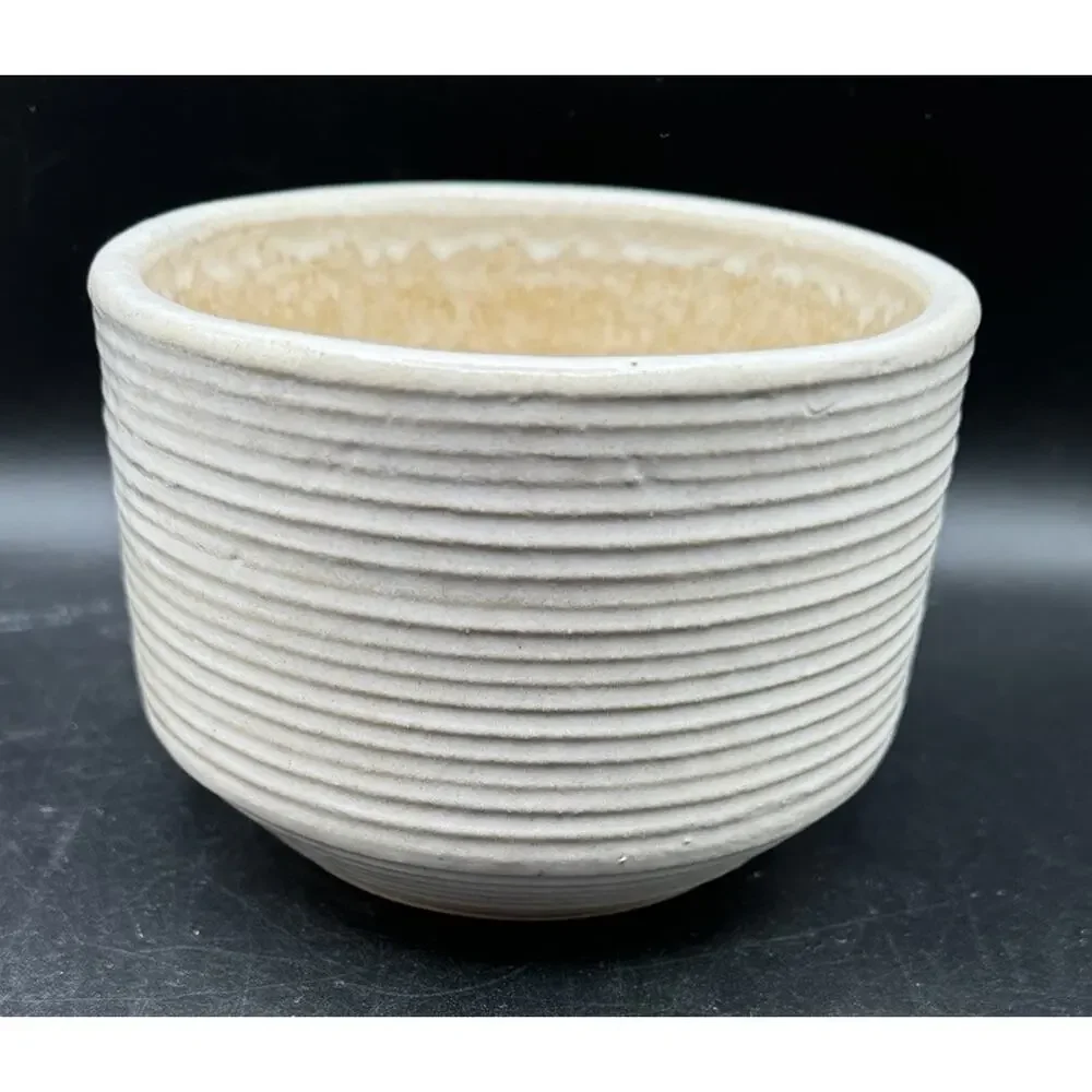 Vintage Tan ZANESVILLE Stoneware Homespun Ribbed POTTERY BOWL Planter #7005 -A95